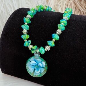 Handcrafted Blue and Green Floral Glass Pendant Beaded Necklace
